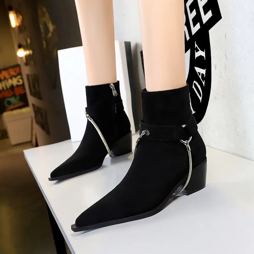 

BIGTREE Retro Knight Boots Thick Heel High Heel Metal Chain Decoration Pointed Suede Trendy Fashion Short Boots Shoes Women