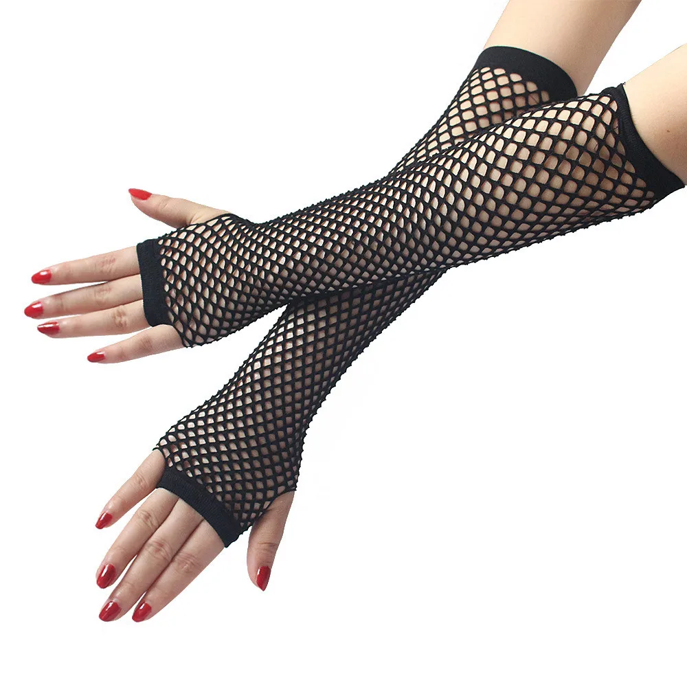 Ladies Girls Neon Sexy Long Fingerless Fishnet Lace High Elasticity Gloves Car Accessories Interior Decoration Auto Parts