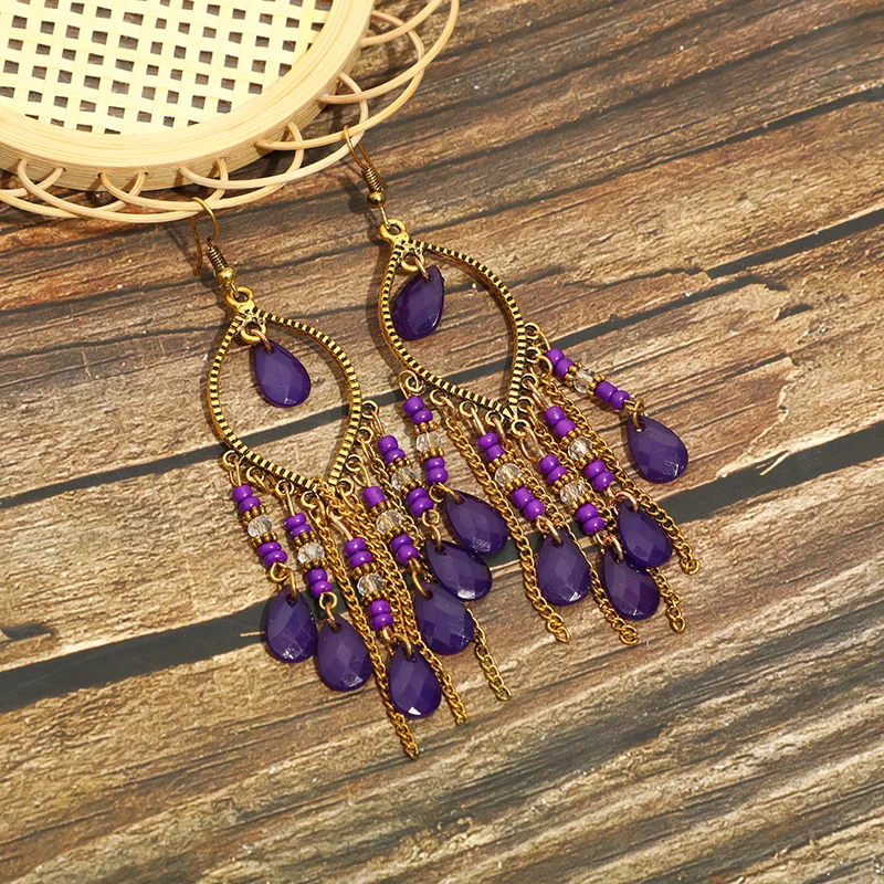 Bohemian Antik Gold Farbe Lange Wasser Tropfen Quaste Ohrringe für Frauen Vintage Bunte Geometrische Tropfen Baumeln Ohrringe Schmuck – Detail 10
