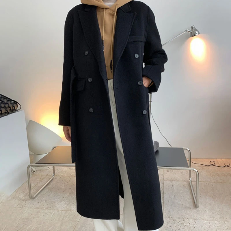 ]2020 Winter Over Knee Style Turn-down Collar Long-sleeved Solid Color Straight Minimalist Woolen Overcoat With Belt  C591