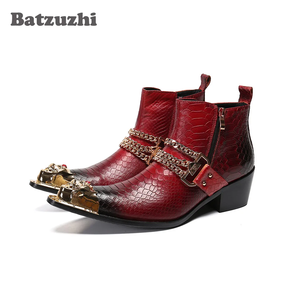 

Batzuzhi 6.5cm High Heel Men's Leather Boots Ankle Zip Pointed Toe Punk Party and Wedding Boots Men Bota Masculina,Big Size US12