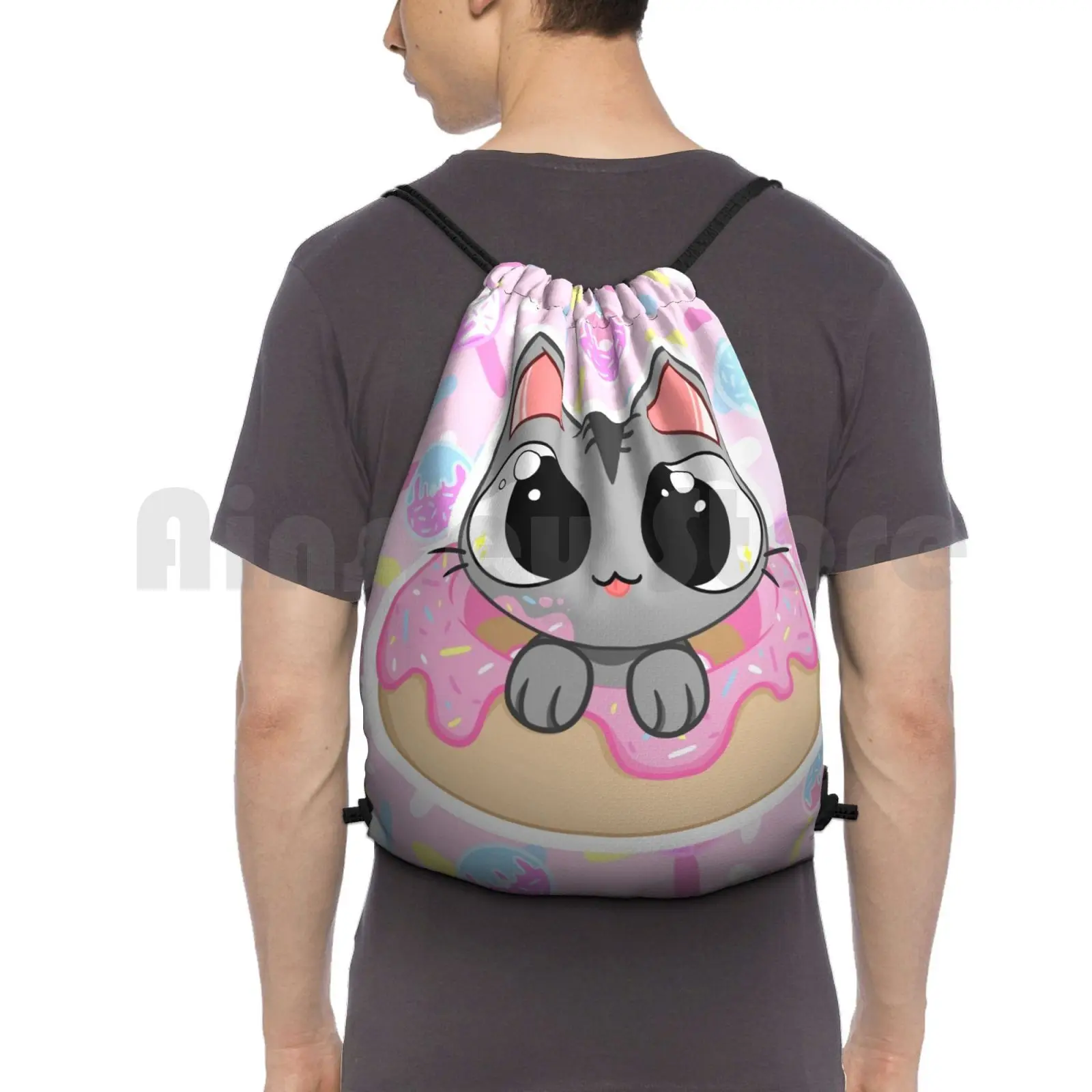 Donut Cat! Backpack Drawstring Bags Gym Bag Waterproof Cute Sweet Donuts Treat Pastel Pretty Kawaii Cat Kitty Kitten Grey