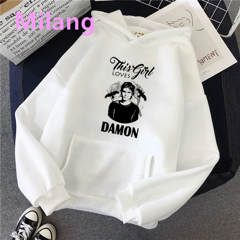 Pamiętniki wampirów bluzy damskie Harajuku dla kobiet swetry z kapturem Damon bluza modny nadruk Casual ladies Streetwear Hoody