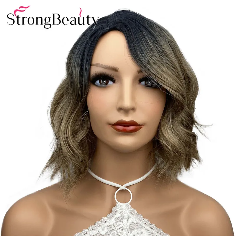 

StrongBeauty Короткие объемные волны Боб Парики Синтетический парик Светло-коричневый Ombre Женские волосы без шапочки-основы