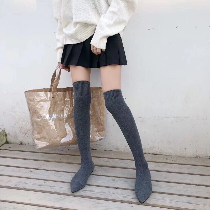 Over The Knee Women Boots Knitting Spring Autumn Slip On Knee Boots Pointed Toe Casual Dress Shoes Sock Boots Fashion Knee Boots