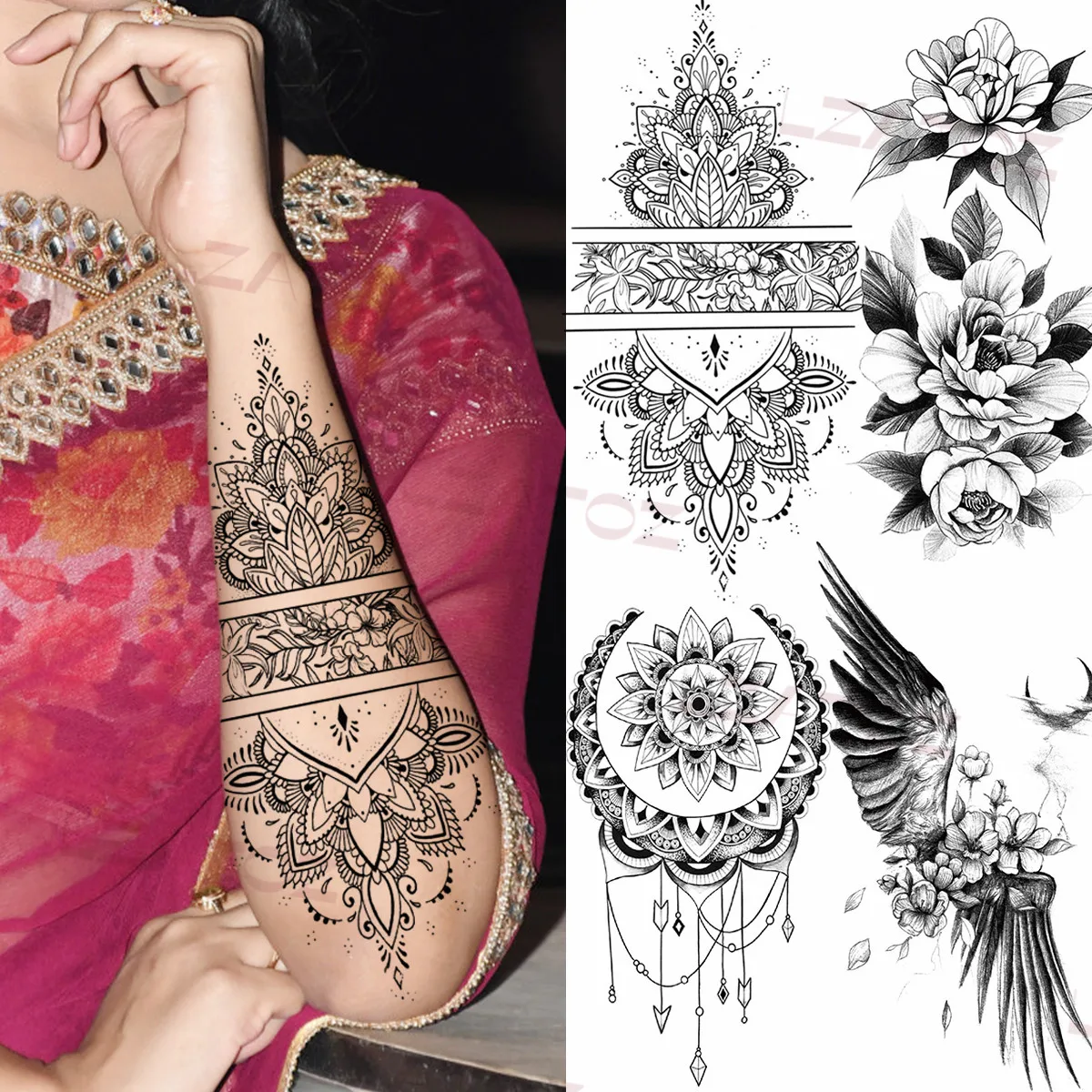 

Geometric Henna Temporary Tattoos For Women Adult Wings Peony Pendant Realistic Fake Tattoo Custom Armband Sexy Washable Tatoos