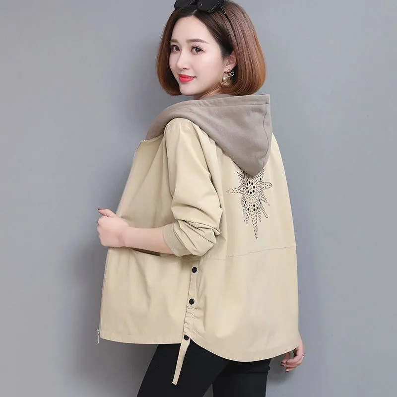 2023 Autumn Women\'s Coat Hooded Jacket Long Sleeve Zipper Pockets Casual Windbreaker Basic Jackets Outerwear Splicing Hooded E25