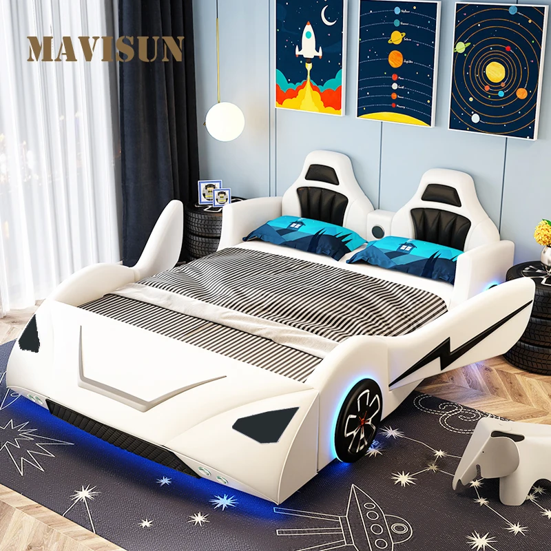 Cool Creative Car Cartoon Sports Car Storage With Guardrail Multifunctional Solid Wood Leather Bed Children's Bed Boy