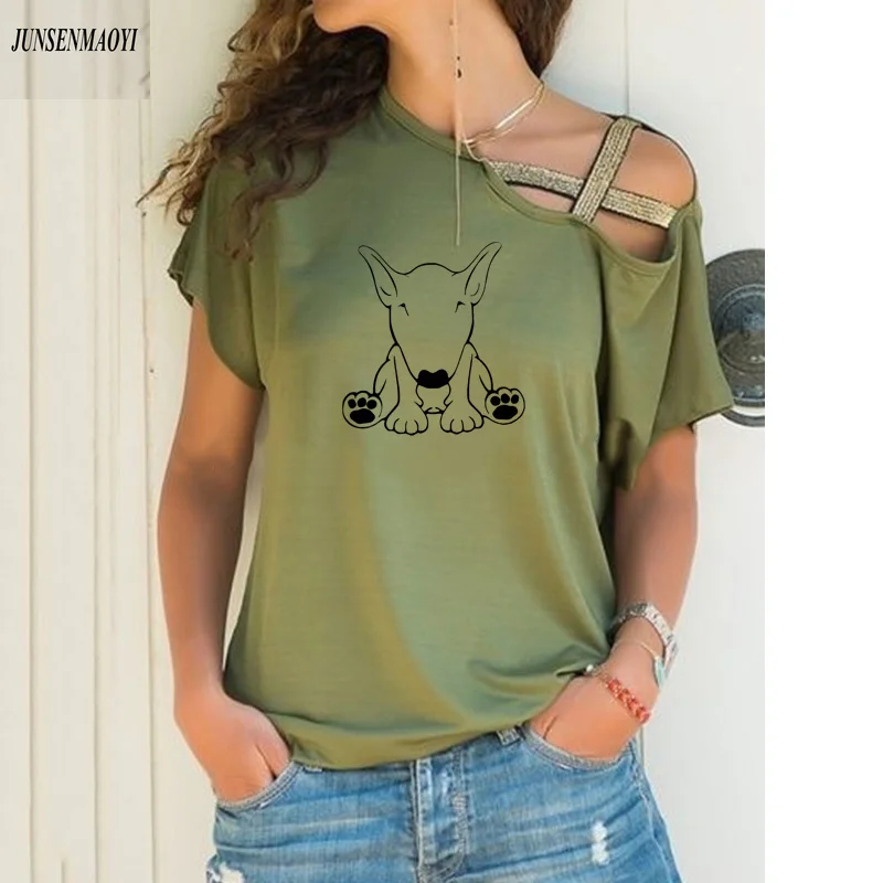 Women fashion Summer new Bull Terrier Dog print graphic t shirts Causal Short Sleeve t shirt Irregular Skew Cross Bandage Tops