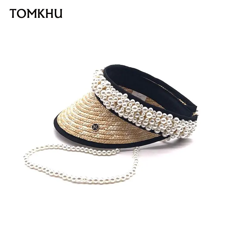 100% Handmade Customize Pearl Empty Top Visor Women Spring Summer New Design Straw Sun Hats Beach Caps for Female High Quality