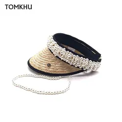 100% Handmade Customize Pearl Empty Top Visor Women Spring Summer New Design Straw Sun Hats Beach Caps for Female High Quality