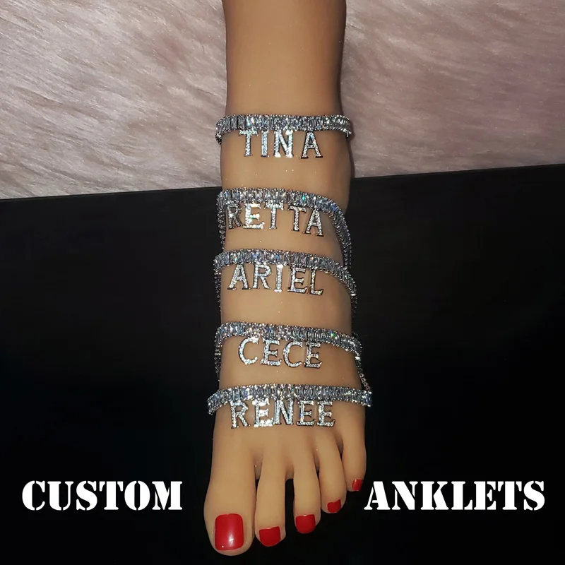 Customized Words Name Anklet 9+2 inch Zircon with Copper Letters Anklet Personalized Name Plate Jewelry