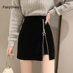 FairyShely Minigonna nera Donna 2025 Gonna corta a tubino in velluto Donna coreana Abbigliamento da ufficio sexy Gonne a vita alta Cerniera Faldas