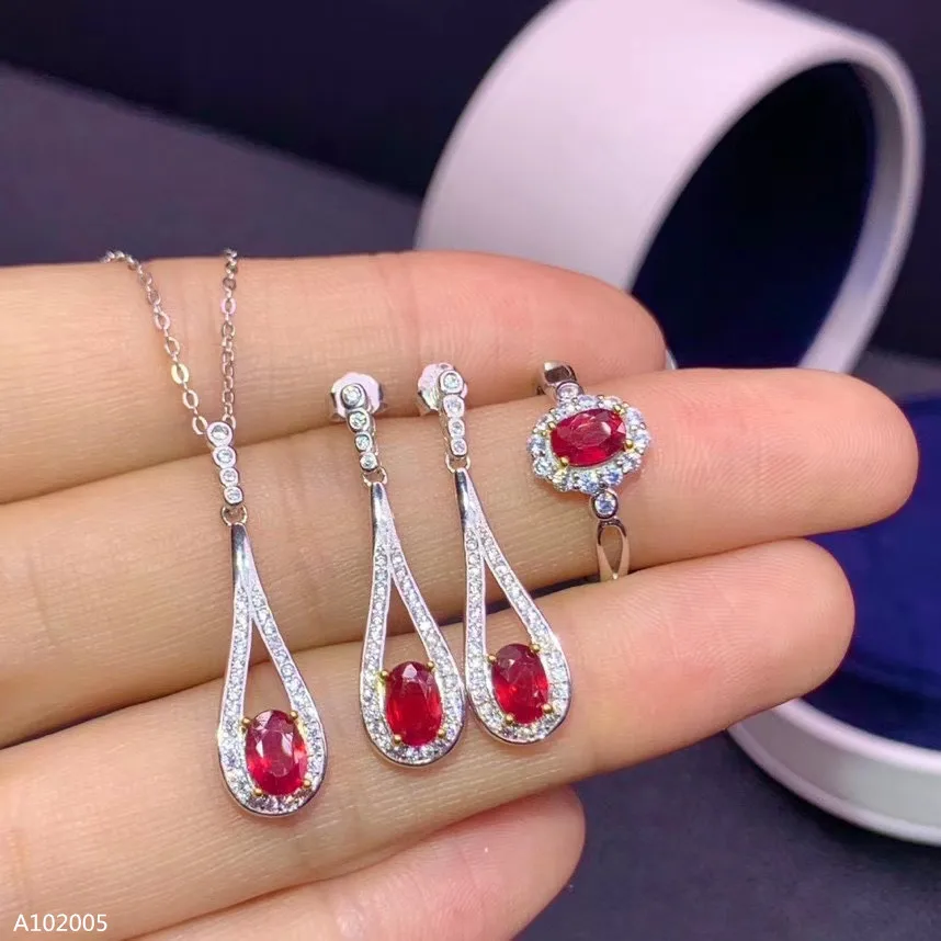 

jewelry 925 Sterling Silver Newly Burnt Ruby Girl Ring Ear Stud Pendant 3 Piece Set Mini Small Oval Faceted Luxurious Support Re