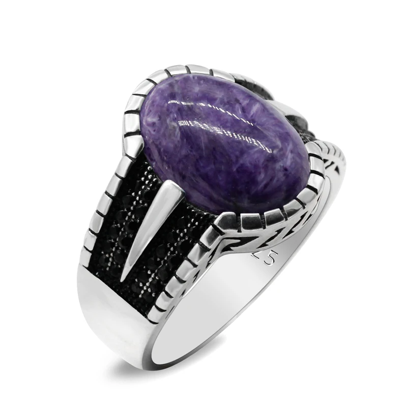 

New 925 Sterling Silver Natural Purple Dragon Stone Ring Men and Women Wedding Ring Original Turkish Punk Style Exquisite Ring