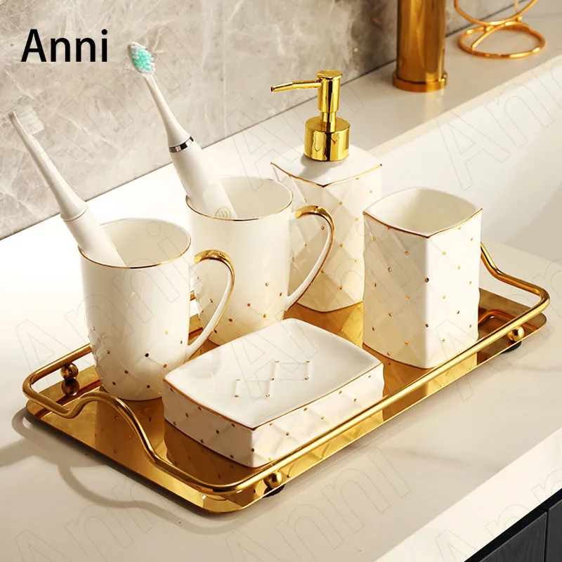 Golden Stroke Bathroom Accessories Set Ceramic Nordic Modern Household Five Piece Set Wash Supplies Organizer Home Decoration