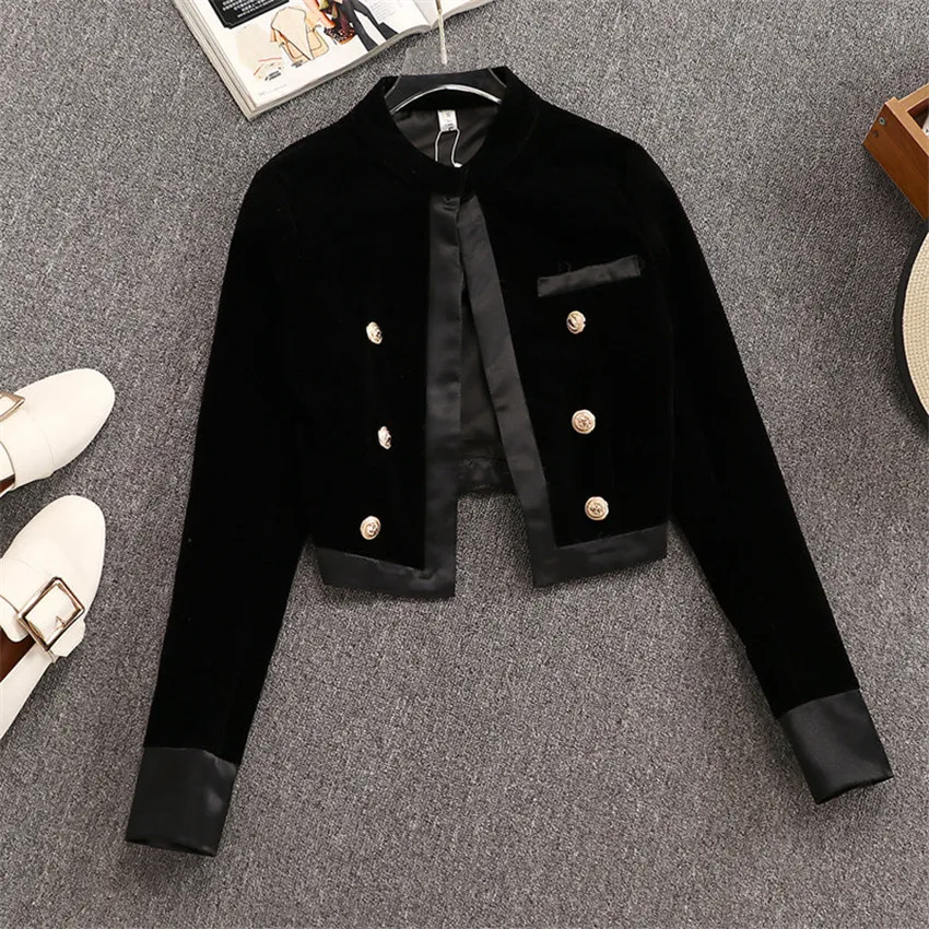 Autumn Two Piece Big Size Vintage Women Gold Velvet Blazer +Gold Velvet Shorts Formal Suits Loose Lady Black Blazer Coat WZ1234