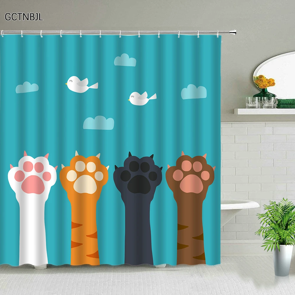 Cat Printed Shower Curtain Cartoon Lovely Animal Flower Bird Plant Scenery Christmas Gift New Year Bathroom Decor Fabric Curtain