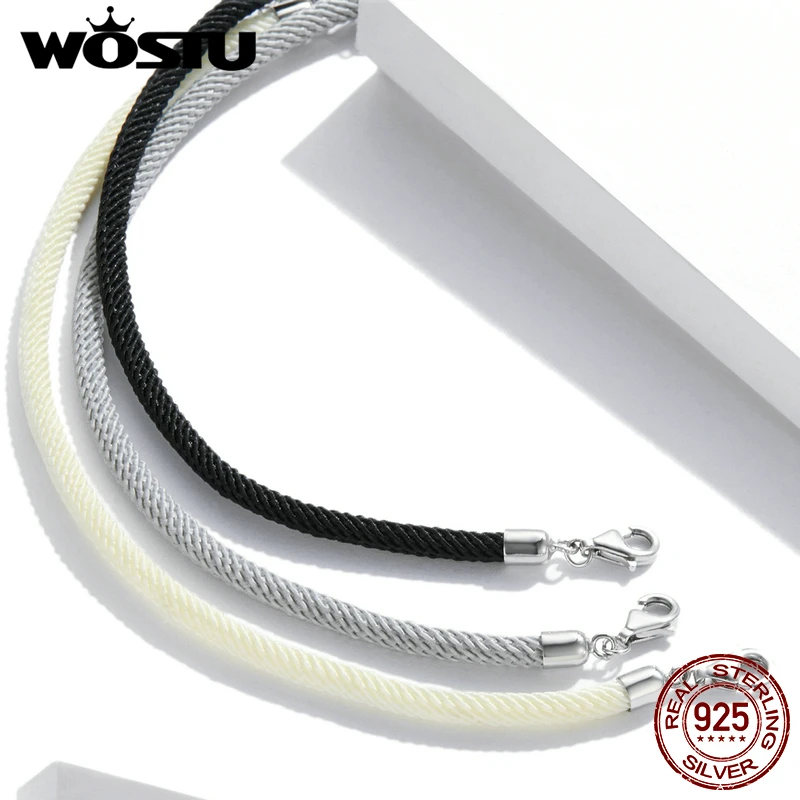 WOSTU 100% Real 925 Sterling Silver Red Black Gray White Rope Bracelet Classic Lucky Bangle Fit Beads Charms DIY Jewelry Making view 3