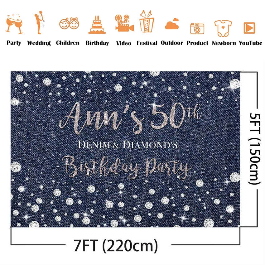 해피 50 번째 생일 파티 데님과 다이아몬드 배경, 실버 반짝이 doamond 배경, 사진 부스 스튜디오