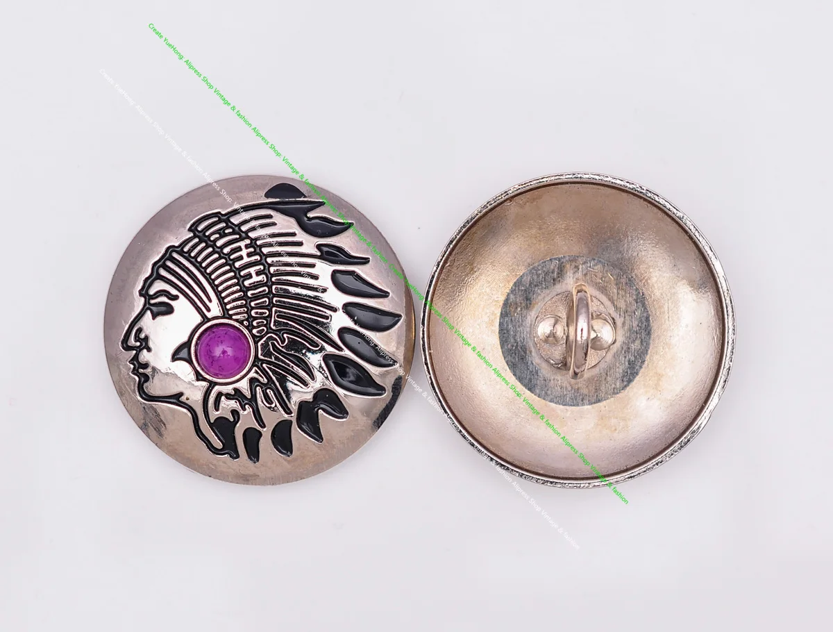 10X Southeast Tribal Silver Indian Chief Dress Purple Turquoise Leathercraft Clothes Handbag Connector Sewing Button