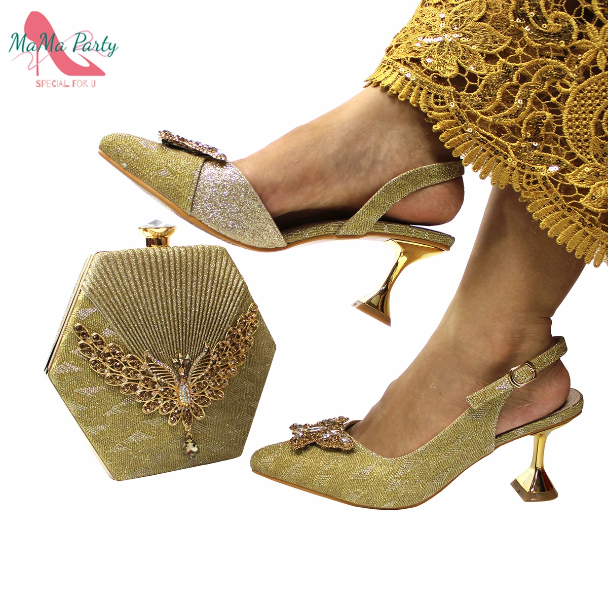 

2021 Nigerian Mature Style Women Shoes Matching Bag in Golden Color Fashion New Design Classics Ladies Pumps