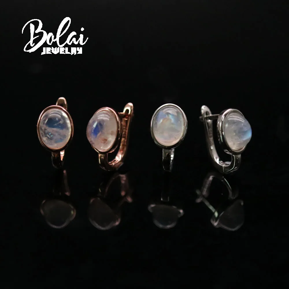 

bolai,2021 New Natural blue moonstone oval 7*9mm earrings, white and rose 925 sterling silver simple ladies daily wear jewelry