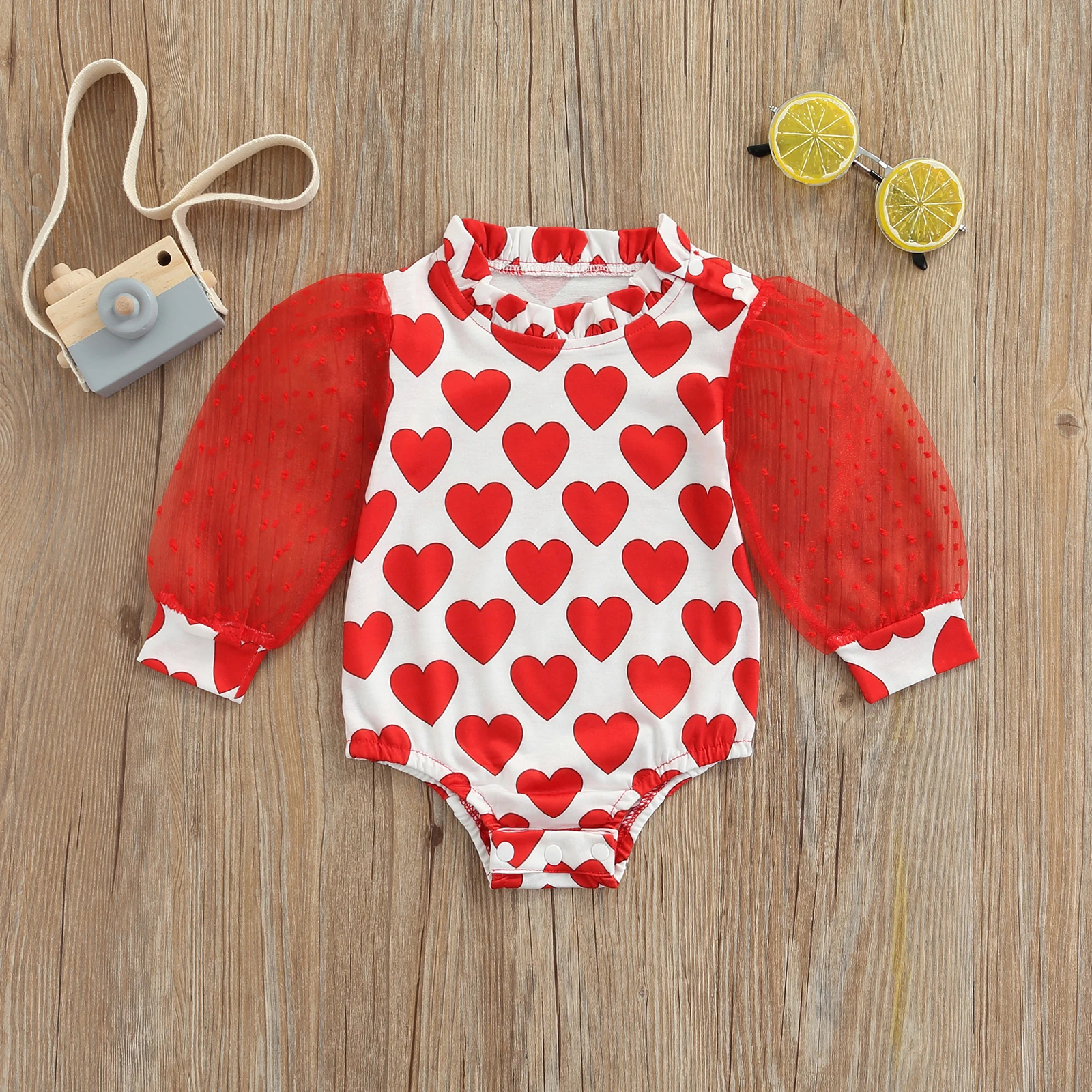 Baby Girls Jumpsuit See Through Bubble Long Sleeves Heart Shaped Pattern Romper Baby Girls Spring Summer Clothing