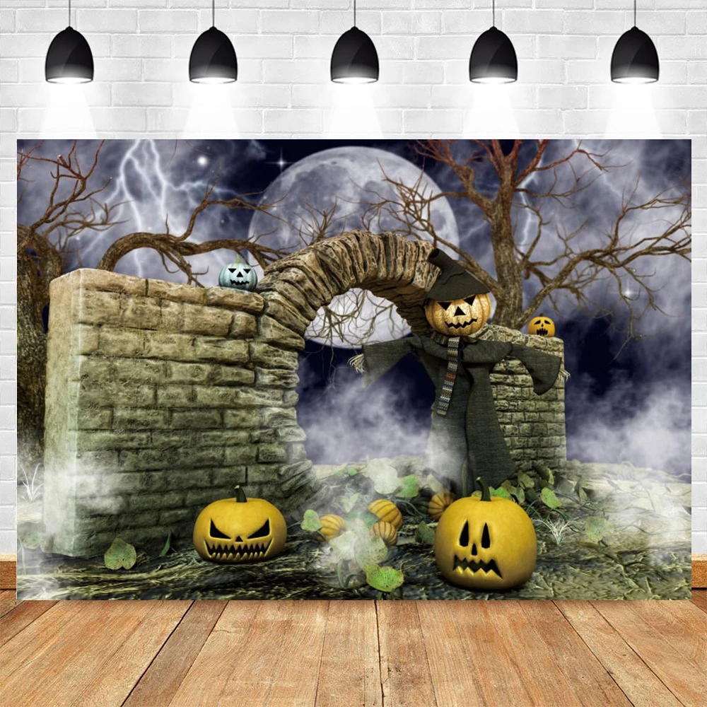 

Yeele Halloween Background Moon Pumpkin Scarecrow Branches Brick Wall Party Backdrop Baby Photography Photo Studio Photophone