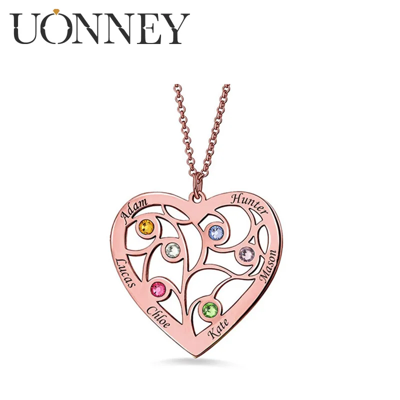 UONNEY Dropshipping Personalized Birthstone Family Tree Heart Pendant Silver Necklace Fashion Dainty Jewelry Woman Gift Idea