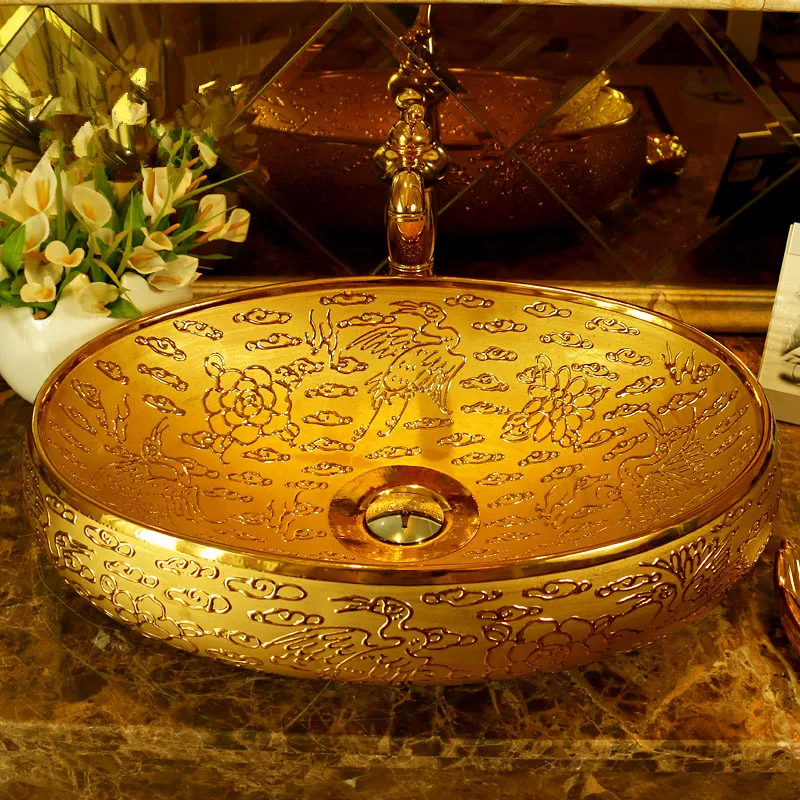 Europe style chinese Jingdezhen Art Counter Top ceramic wash basin bathroom sinks golden