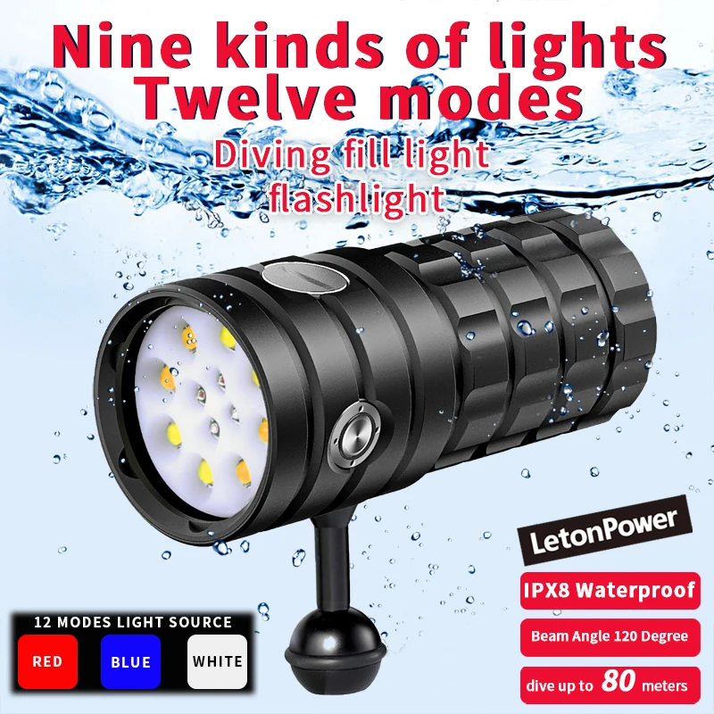 letonpower mergulho lanterna 25000lumens underwater lanterna 100m luz de video subaquatica a prova impermeavel agua tocha 01