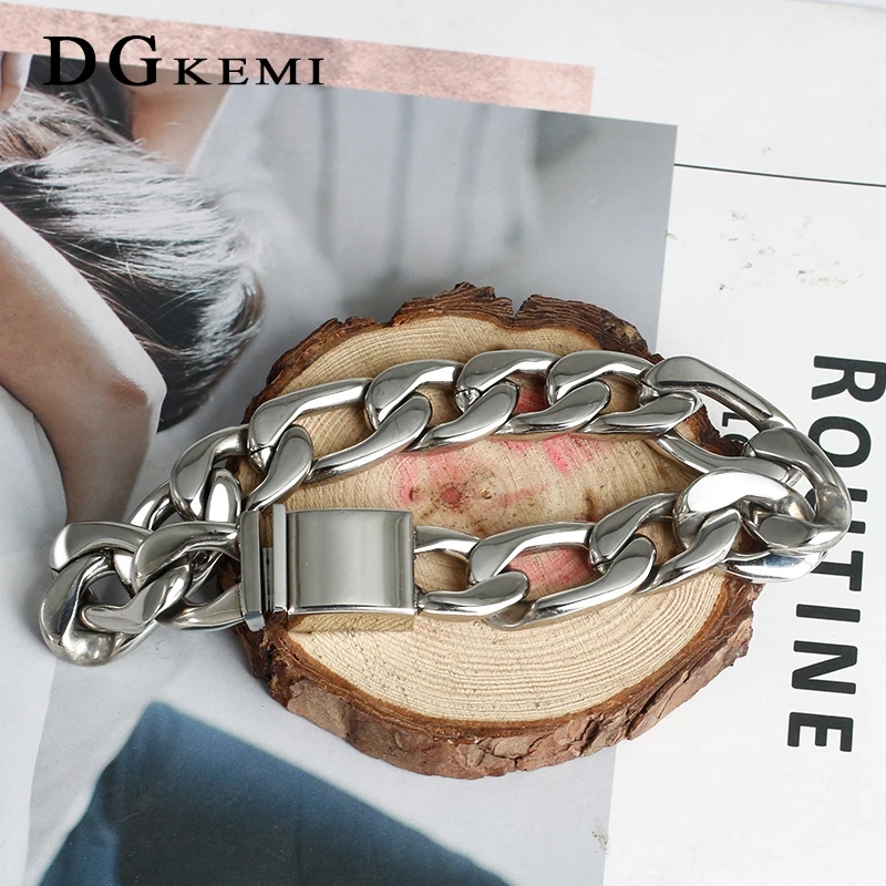 15mm Stainless Steel Cuban Link Chain for Men Women Silver Color Chain Bracelet Punk Rock Personalized Custom Men Bracelets