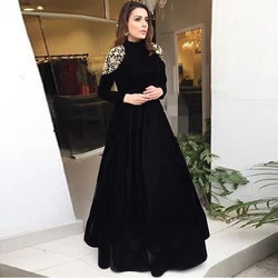 Muslim Evening Dresses O-Neck Appliques Velvet Long Sleeves Black Arabic Prom Dress Party Gown Dubai Morocco Kaftan