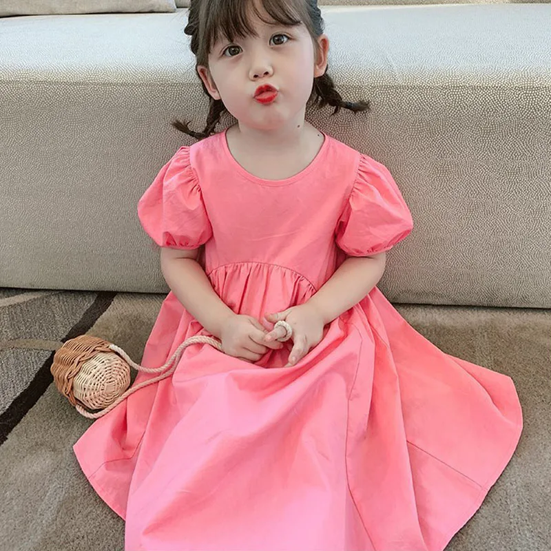 Summer Girls\' Dress Puff Sleeve Vestidos Round Neck Sweet Princess Dress Korean Outfits Baby Kids Children\'S Clothing For Girl