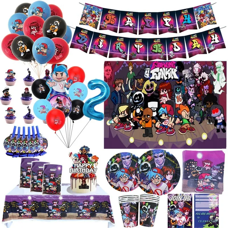 

Friday Night Funkin Theme Happy Birthday Party Disposable Tableware Set Plates Cups Flags Banner Balloon Baby Shower Supplies
