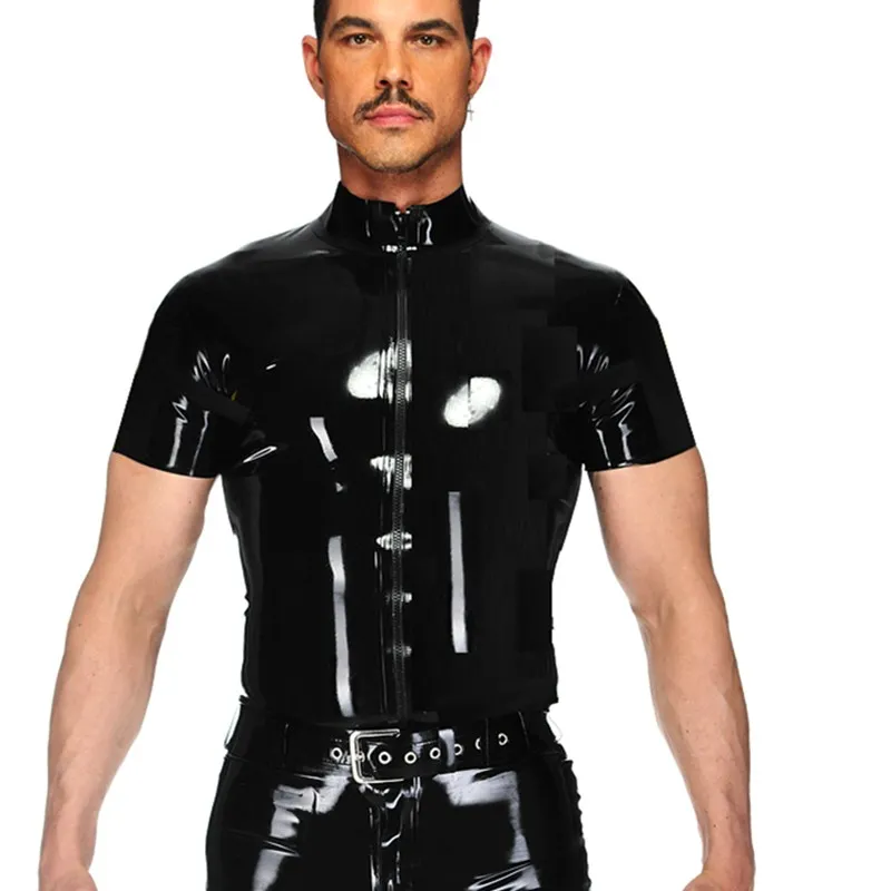 

Mens Wetlook PVC Leather T Shirts Tops Black Punk Tight Fitness Clothing Short Sleeve Zipper Mens Stage Tops Sexy Party Clubwear