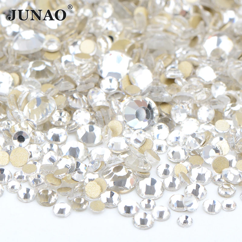 JUNAO SS6 8 10 12 16 20 Mix Size Black Crystal Rhinestones Flatback Glass Crystal Strass for DIY Manicure Nail Art Decoration