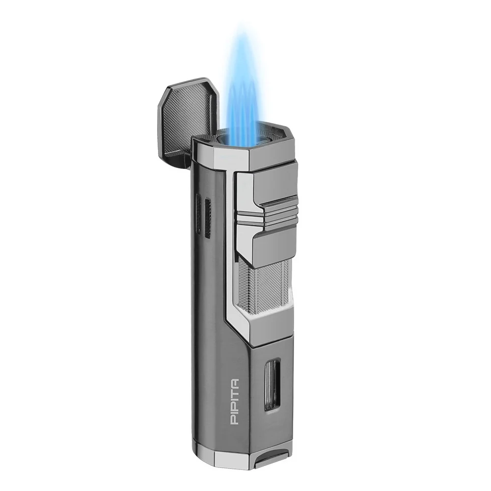 PIPITA Cigar Lighter Windproof Refillable Butane Torch Turbo Lighter 3 Jet Flame clipper Lighters Punch gas Cigarette Lighter