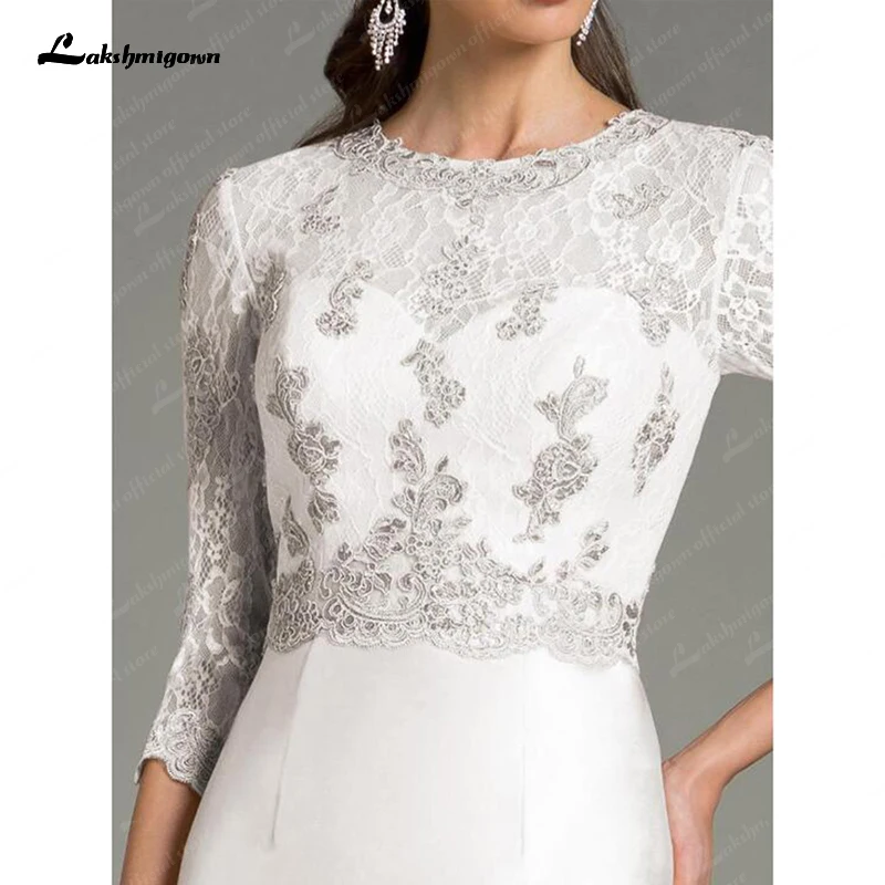 Vestido marfim na altura do joelho com renda prateada, vestido de casamento para convidados, vestidos para a mãe da noiva, curto com mangas 3/4