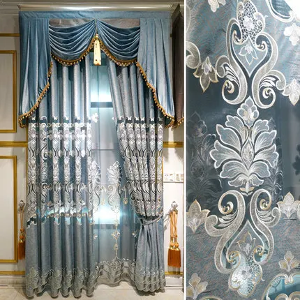 

Luxury European curtain living room high grade atmosphere new popular flannel hollow embroidery floor curtain customization