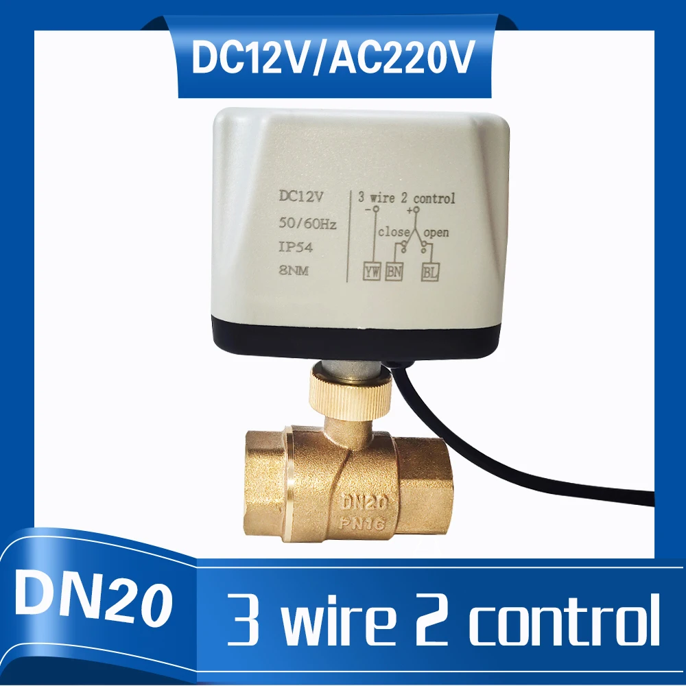 TF Full port Electric water valve DN20, 12V Motorized Ball valve 2 way brass with 3 wires actuator control used for fan coil