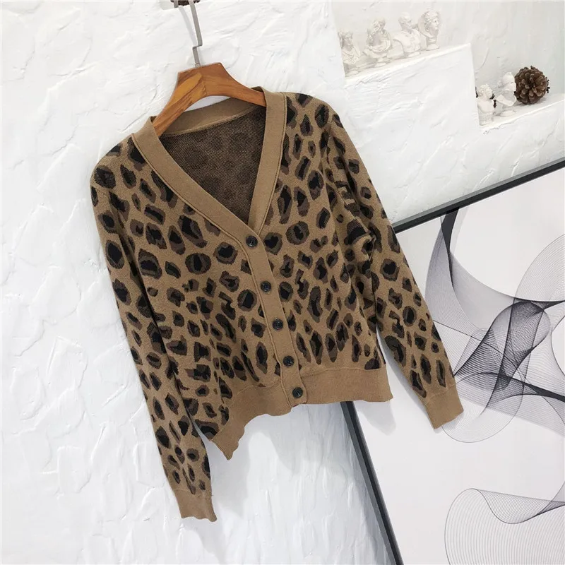 Women\'s Knitted Sweater Cardigan Spring Autumn Long Sleeve V-neck Single-breasted Leopard Print Sweaters Coat Female Tops K69