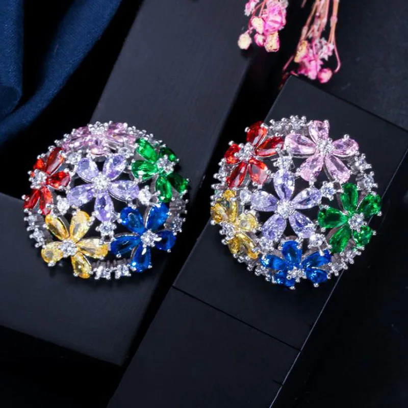 Fashion luxury Earrings woman Pin full crystal flower AAA Zircon Ear studs Colorful sparkling Cubic Zircon stud Earrings