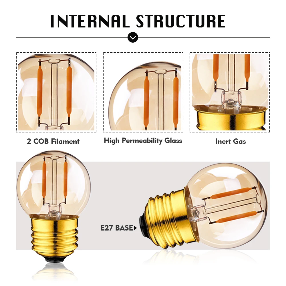 GANRILAND E27 DC12V 24V LED Light Bulb G40 1W E12 E14 Base Amber Glass 2200K Low Voltage Lamp Bulb For RV Locomotive Ship Cabin
