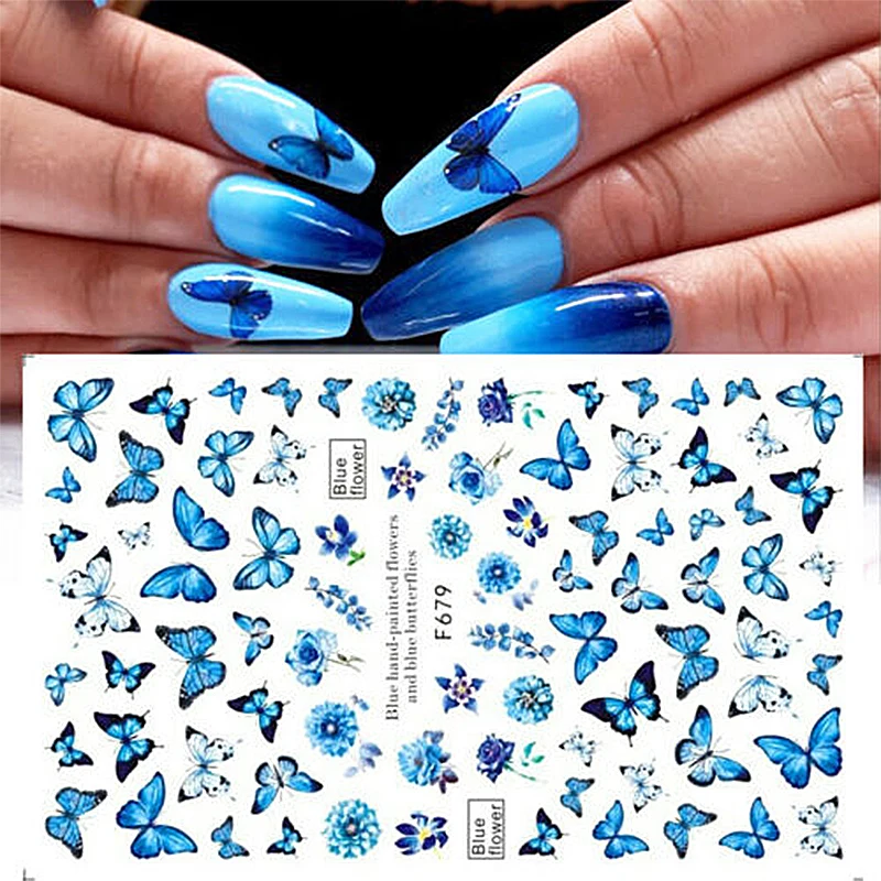 Nail Blue Butterfly Stickers Flores Folhas Auto-adesivas Decalques 3D Transferência Sliders Wraps Manicure Foils DIY Decorações Dicas