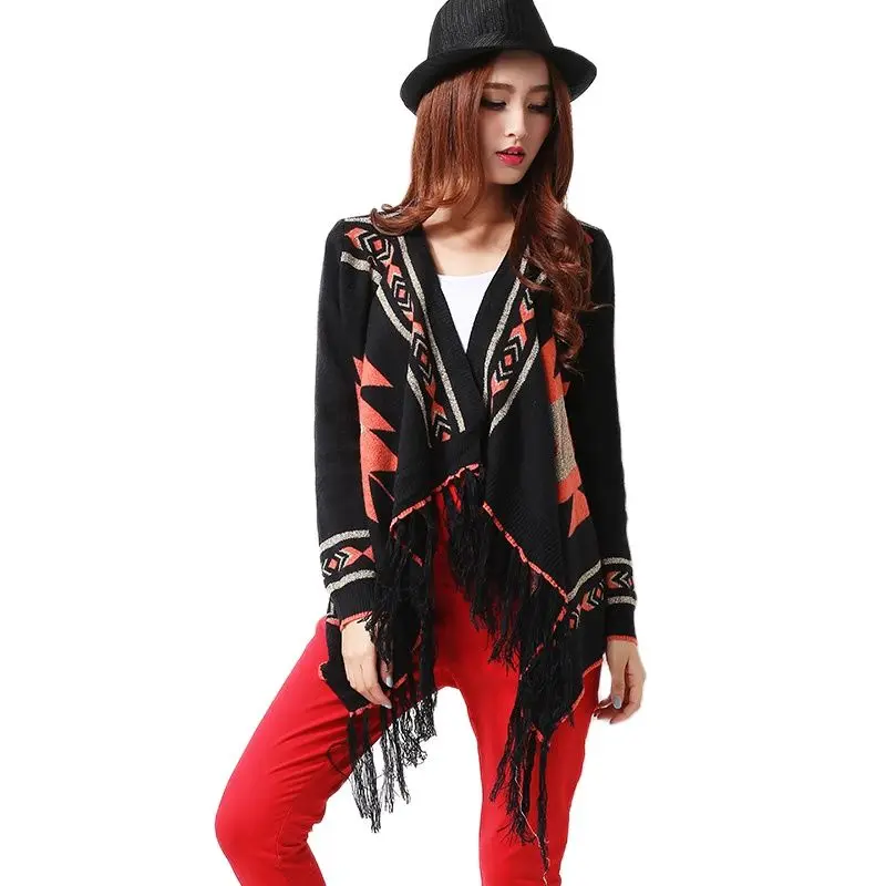 XIKOI Tassel Women's Cardigans  Feature Kimono Black Sweater Fashion Geometric Thick Knitted Women Fashion Casual 0-op;lSweaters