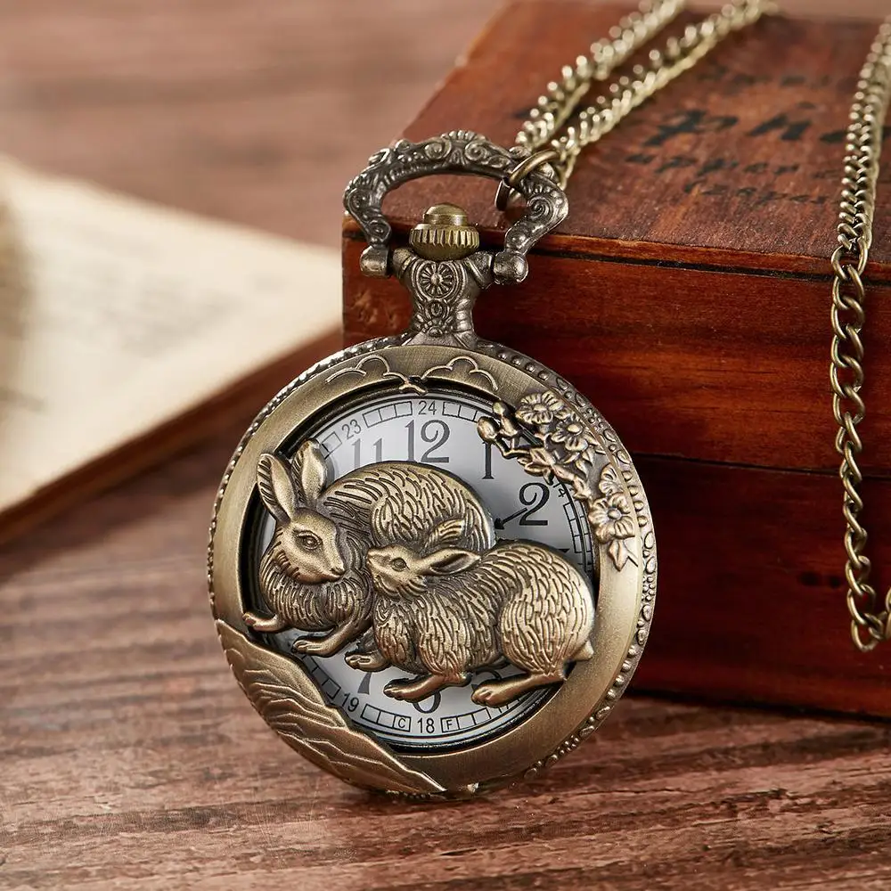 Bronze Pocket Watch Cute Rabbit Quartz Pocket Watch Colar Pingente Cadeia Relógio Unisex Presentes com Steampunk Acessório