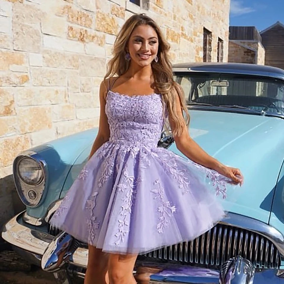 

Mini Lilac Homecoming Dress 2022 Above Knee Spaghetti Straps Lace Appliques Sleeveless Tulle Sweet Short Party Prom Gown