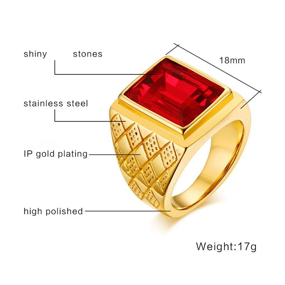 Big square ruby red gemstones Rings for men gold color titanium stainless steel  jewelry bague bijoux masculine finger accessory